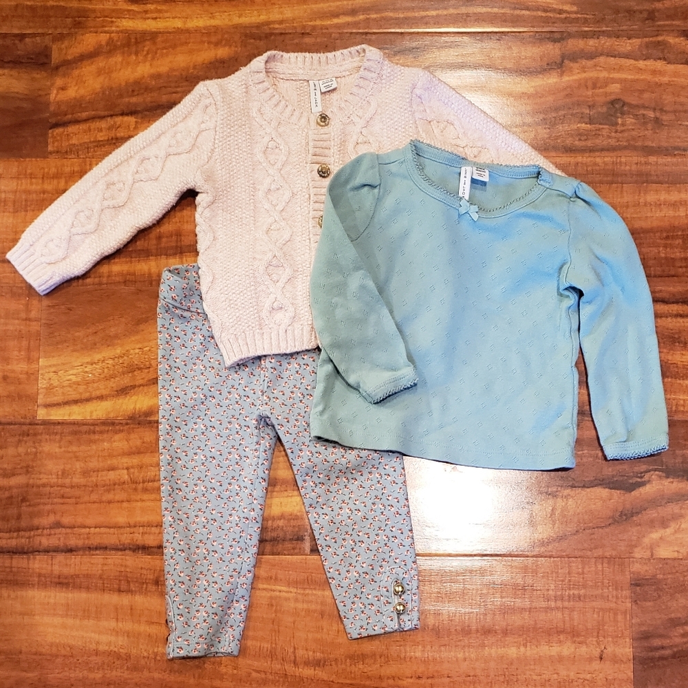 Janie and Jack EUC 12-18 months teal pointelle tee, floral pants, pink sweater